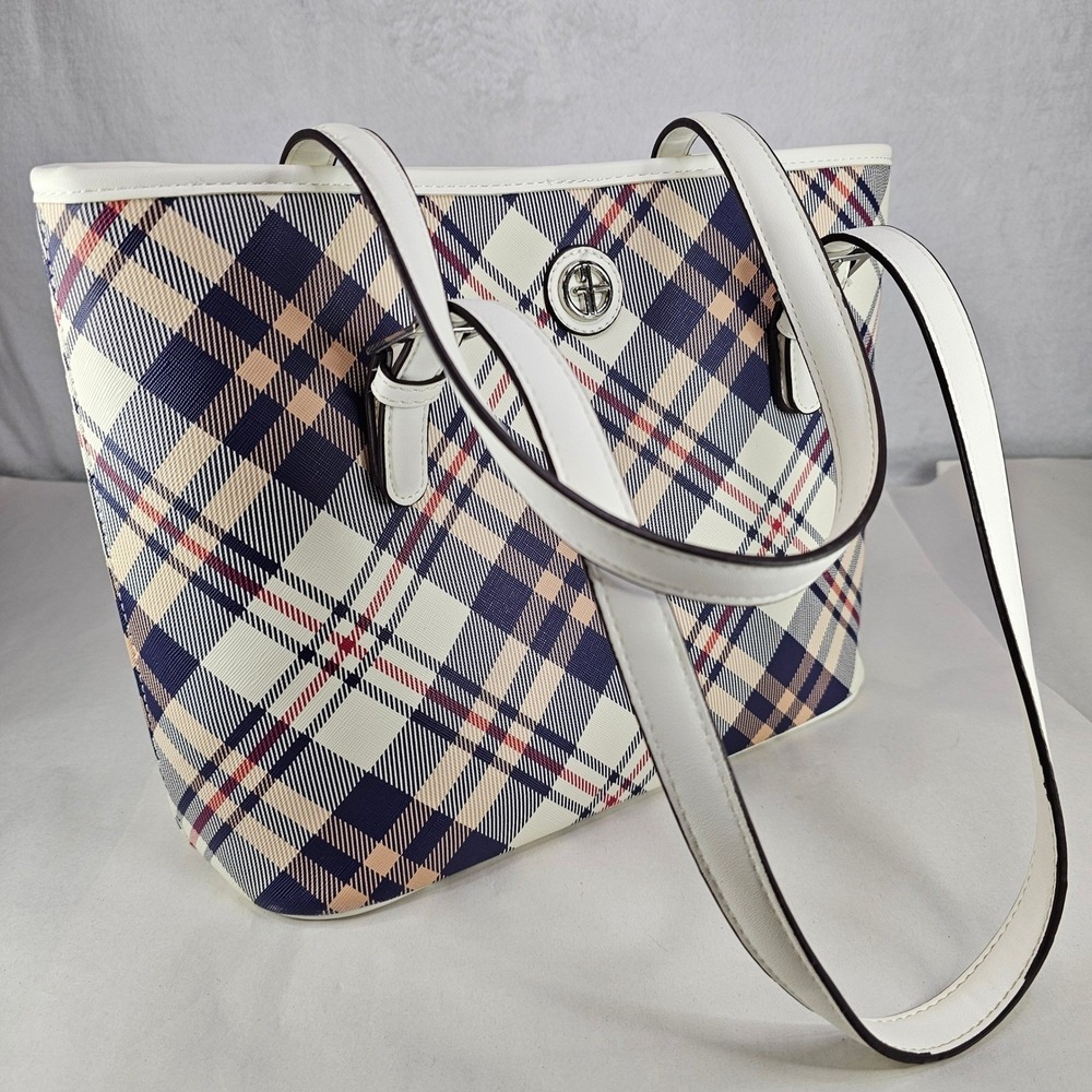 Gianni Bernini Plaid Tote Bag White‎ Blue Beige Red Faux Leather Carryall